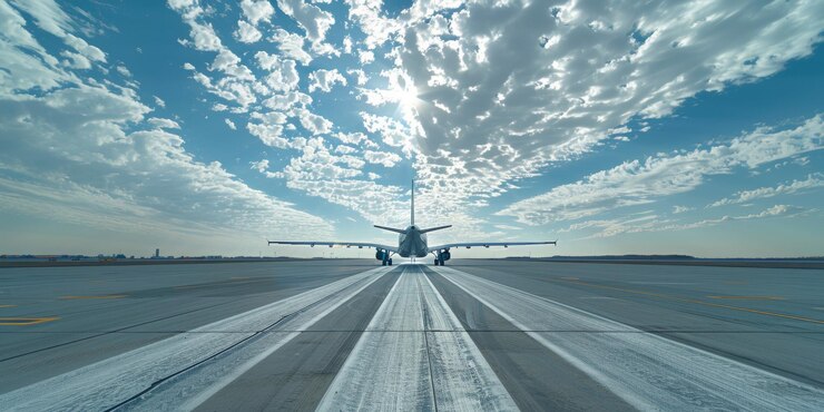 Un gran avión está en la pista con un cielo azul claro en el fondo