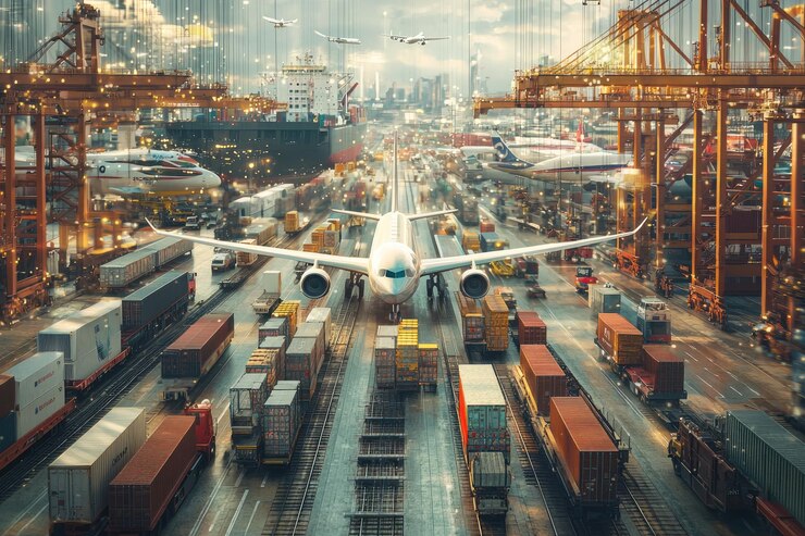 Un gran avión está volando sobre un aeropuerto ocupado con muchos camiones logística progreso
