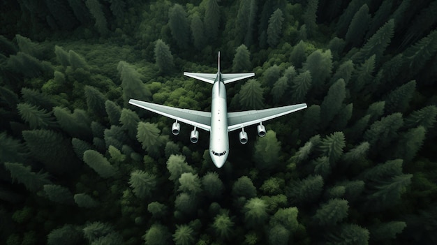 Un gran avión de pasajeros en un bosque en una vista aérea de área remota