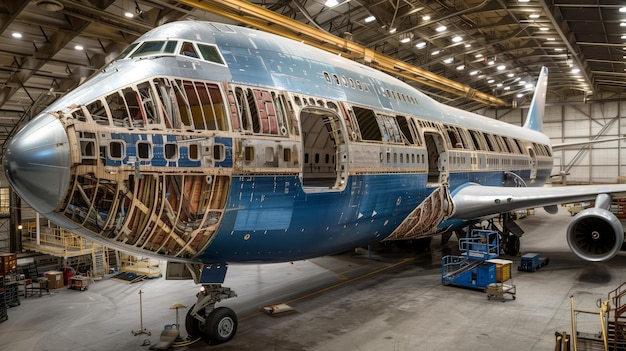 Foto un gran avión de pasajeros dentro del hangar