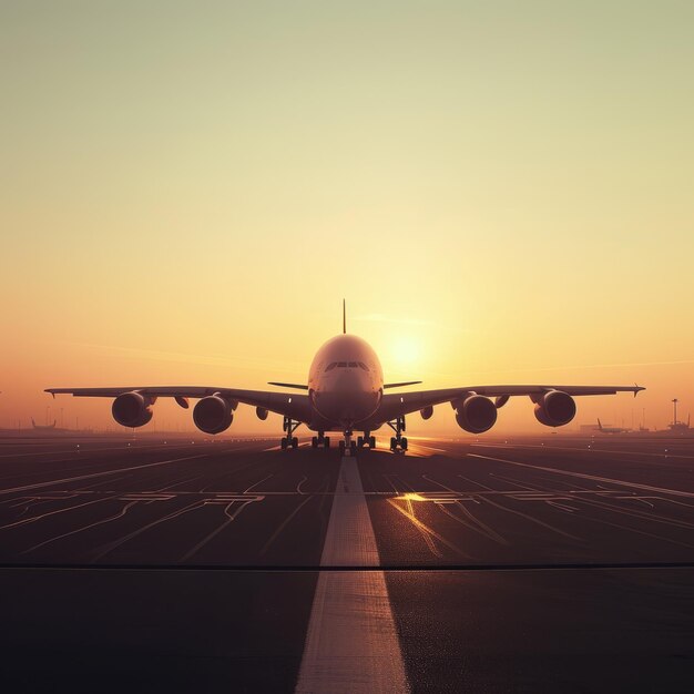 Un gran avión de pasajeros está aterrizando en una pista al atardecer