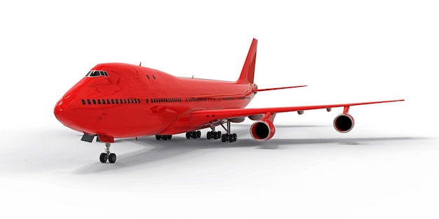 Gran avión de pasajeros de gran capacidad para largos vuelos transatlánticos Avión rojo sobre fondo blanco aislado ilustración 3d