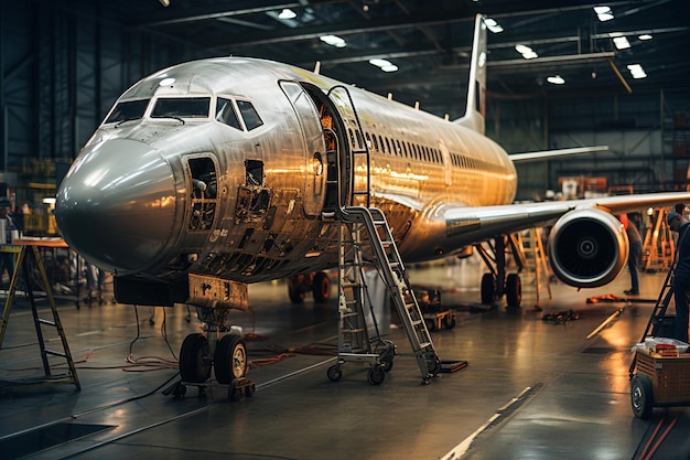 Un gran avión de pasajeros en el hangar para la reparación