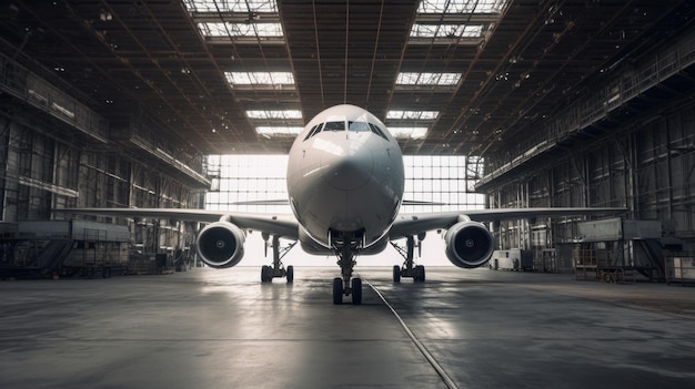 Foto gran avión de pasajeros en mantenimiento en el hangar del aeropuerto generado por ia