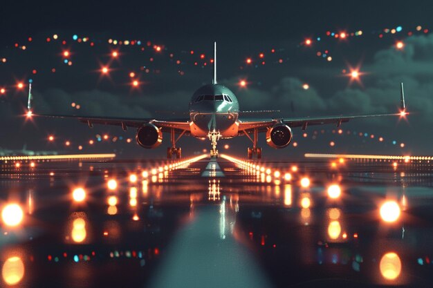 Foto un gran avión de pasajeros está en la pista de aterrizaje por la noche