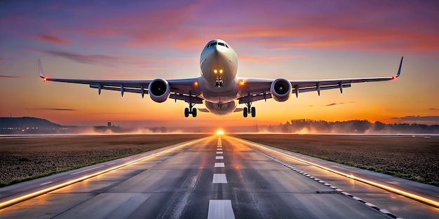 Foto un gran avión de pasajeros sube desde la pista de un aeropuerto
