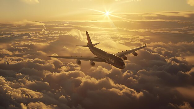 Un gran avión de pasajeros vuela alto por encima de las nubes