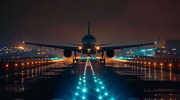 Foto un gran avión está en la pista de aterrizaje por la noche