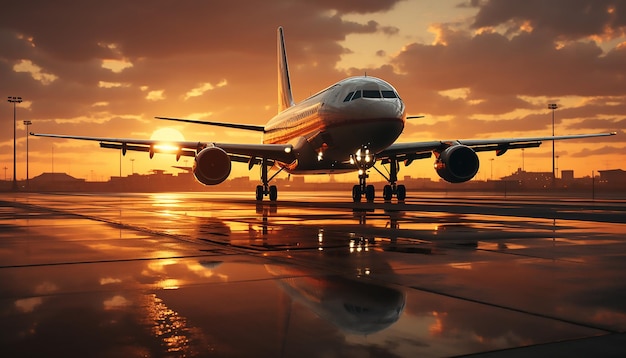 Un gran avión volando sobre una pista hacia el amanecer con el sol brillando Concepto de viaje Renderización 3D