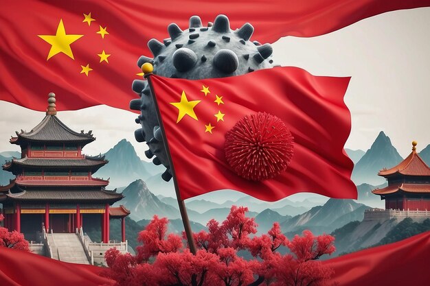 Foto una gran bacteria coronavirus contra el fondo de la bandera roja del virus de china 2019ncov