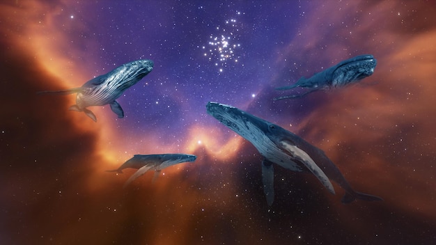 Gran ballena jorobada nada en nubes estrellas cosmos cielo y planeta Ballena jorobada se sumerge en la nebulosa de gas de miles de millones de estrellas Gran planeta en el espacio 3d render