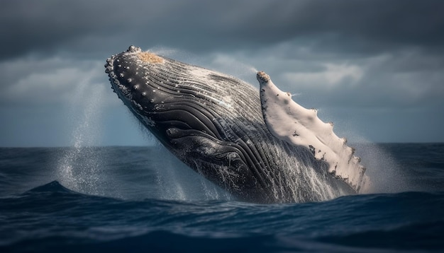 Gran ballena jorobada rompe olas majestuosas con salpicaduras de la aleta caudal generadas por IA