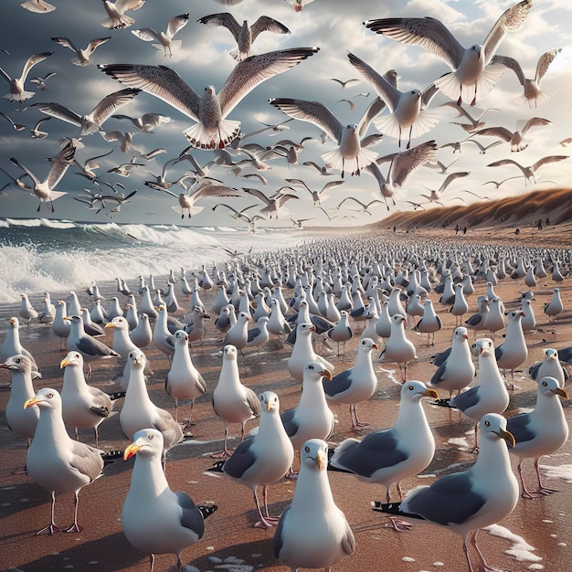 gran bandada de gaviotas en la playa de Rhode Island