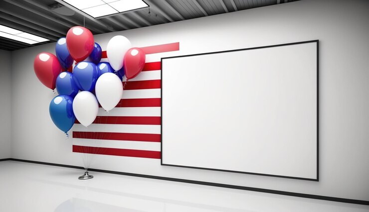 Una gran bandera está en la pared junto a grandes globos rojos, blancos y azules.