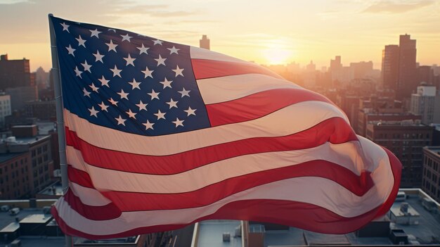 Gran bandera estadounidense volando sobre la ciudad