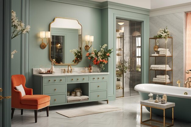 Gran baño en gris claro con elegantes acentos de naranja