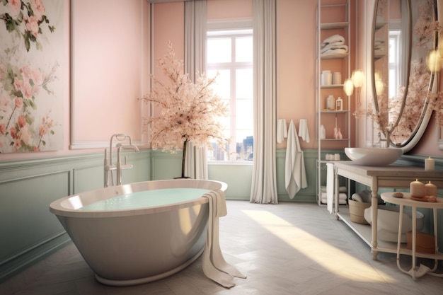 Un gran baño rosa con una gran bañera y un espejo generado por Ai.