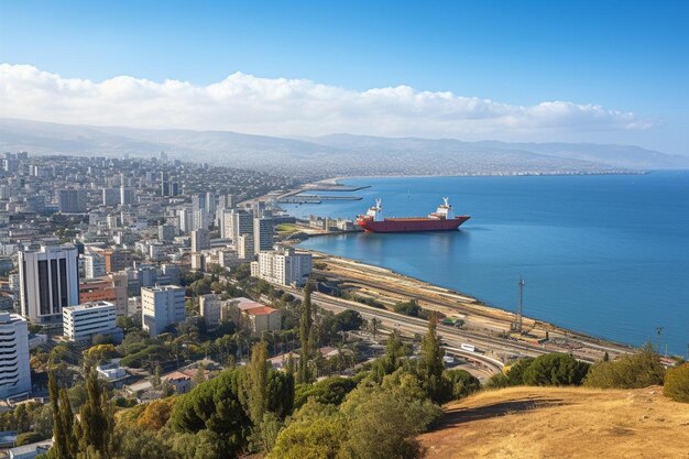 Foto un gran barco está atracado en una ciudad con vistas a una ciudad