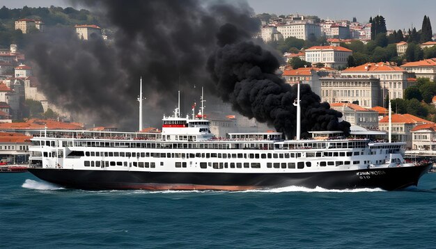 un gran barco blanco con una franja roja en el lado