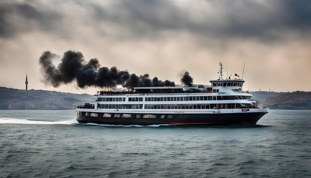 un gran barco blanco con un humo negro saliendo de la parte superior