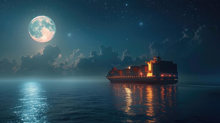 Un gran barco de carga cruzando un océano pacífico con una luna llena iluminando el cielo Comercio mundial