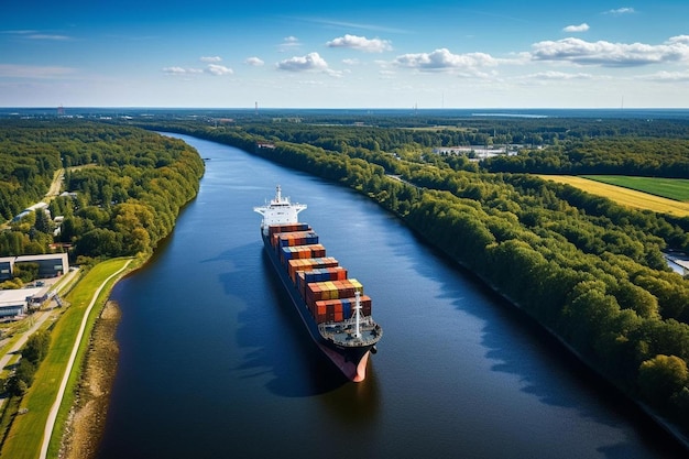 un gran barco de carga está viajando por un río