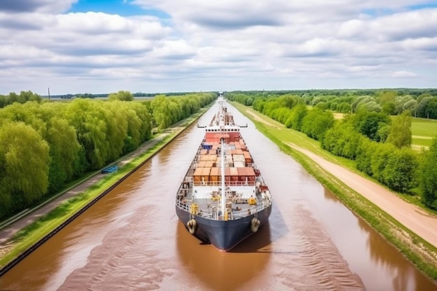 un gran barco de carga está viajando por un río