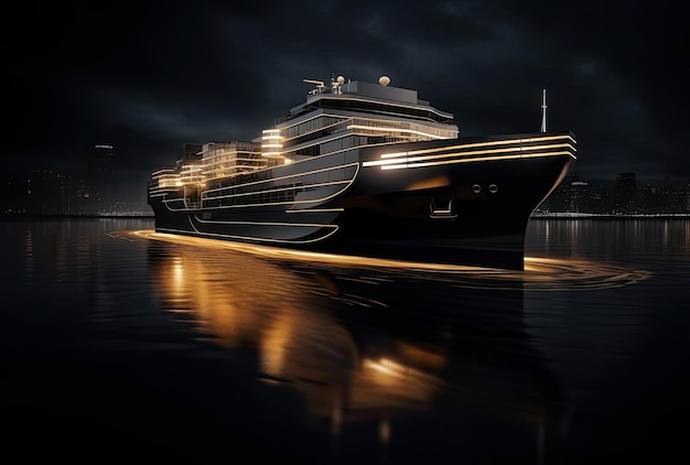 un gran barco de carga viajando en el borde de la oscuridad en el estilo de negro claro y oro