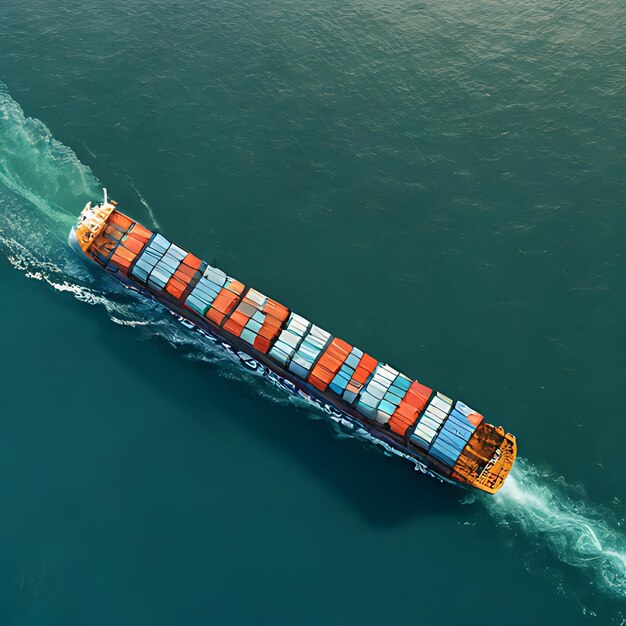 un gran barco contenedor con una persona en él está viajando a través del agua