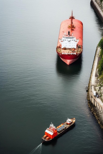 un gran barco está atracado en el agua y uno rojo está en el agua