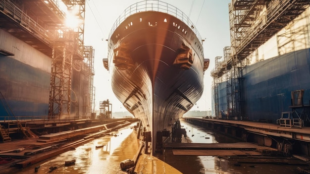 Un gran barco está atracado en una gran zona industrial.