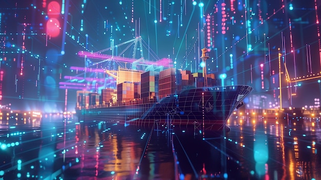 Foto gran barco flotando en el agua visualización digital de marco de alambre holográfico