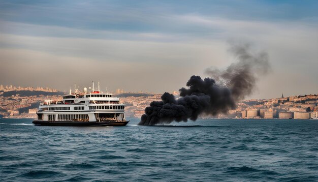 un gran barco con humo saliendo de él