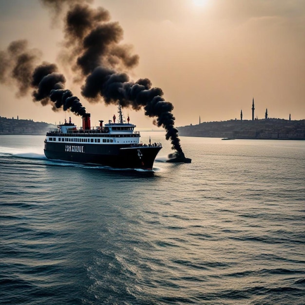 Foto un gran barco con humo saliendo de él