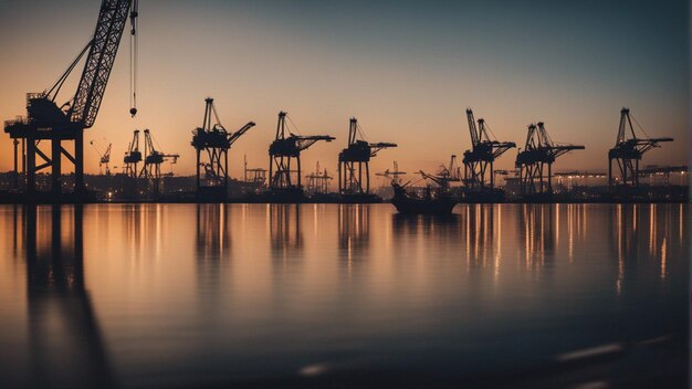 Foto un gran barco industrial con muchas grúas en el fondo.