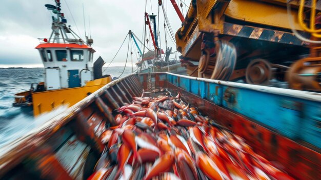 Un gran barco lleno de peces en el océano.