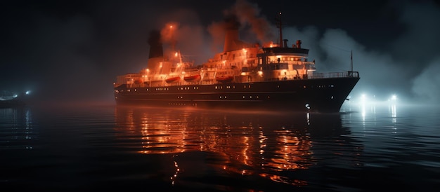 Gran barco en el mar por la noche con niebla