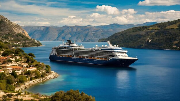 Foto gran barco de pasajeros en una bahía pintoresca bahía hermosa con un crucero