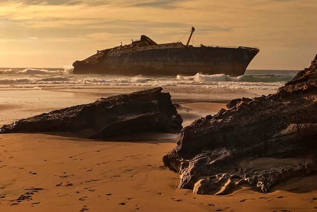 Gran barco varado y abandonado en una playa solitaria con luz de puesta de sol