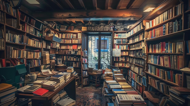 Una gran biblioteca con estantes de madera llenos de libros Hay un escritorio de madera en el centro de la biblioteca con una lámpara en él