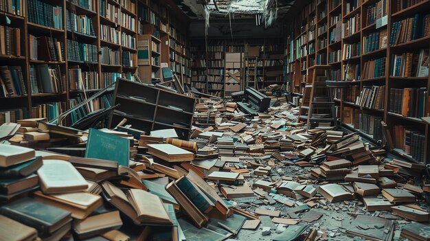 Foto una gran biblioteca con un techo alto está en ruinas las estanterías están volcadas y los libros están esparcidos por todo el suelo