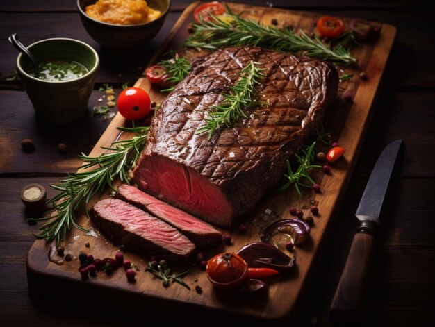 Gran bistec asado con rebanadas en tabla de madera con cuchillo y romero y varias verduras