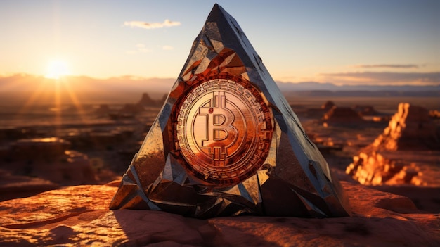 Foto un gran bitcoin se sienta en una roca en el desierto con una hermosa puesta de sol en el fondo