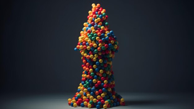 Una gran bola de bolas de colores está sobre una mesa.