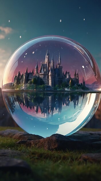 Una gran bola de cristal con un castillo dentro de ella flotando en el aire