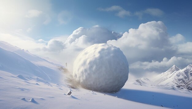 una gran bola de nieve rodando por una colina en una foto realista muy detallada