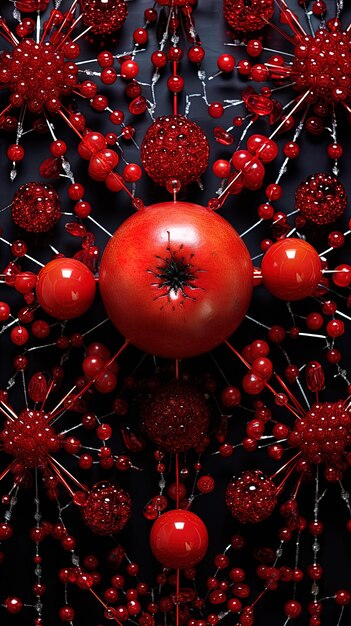Foto una gran bola roja de fruta está rodeada de bayas rojas