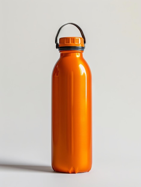 Una gran botella de agua naranja sobre un fondo blanco