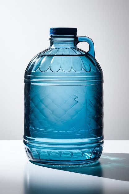 Una gran botella azul de agua con una tapa azul