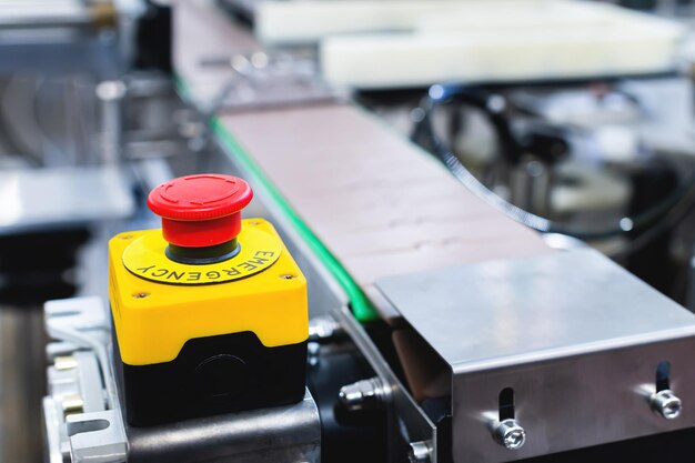 Gran botón rojo de parada de emergencia para equipos de producción en producción